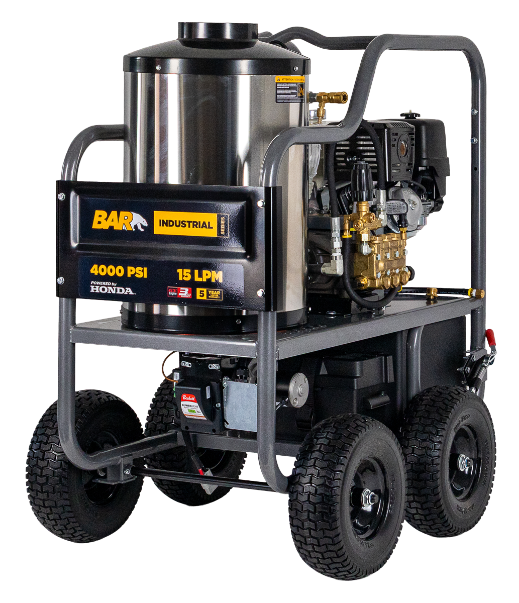 BAR 4000PSI 15LPM Honda GX390 Hot Water Pressure Cleaner (Interpump Belt Drive) - BAR part number 122 HOT4013P-HE