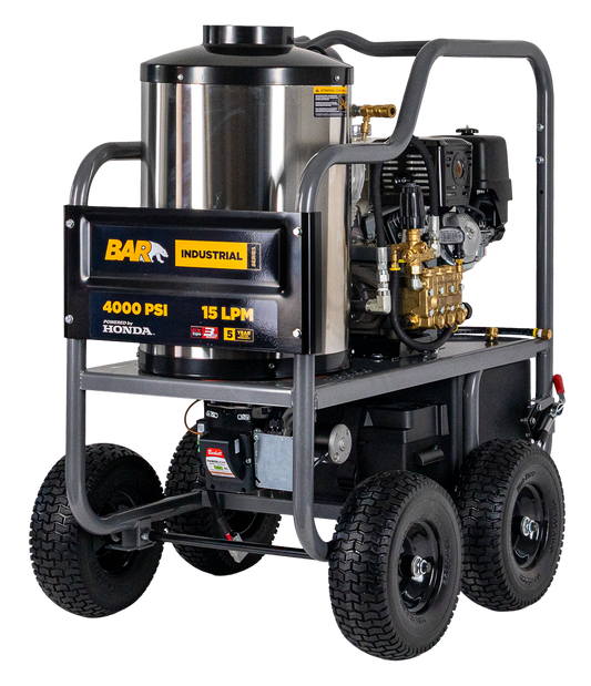 BAR 4000PSI 15LPM Honda GX390 Hot Water Pressure Cleaner (Interpump Belt Drive) - BAR part number 122 HOT4013P-HE