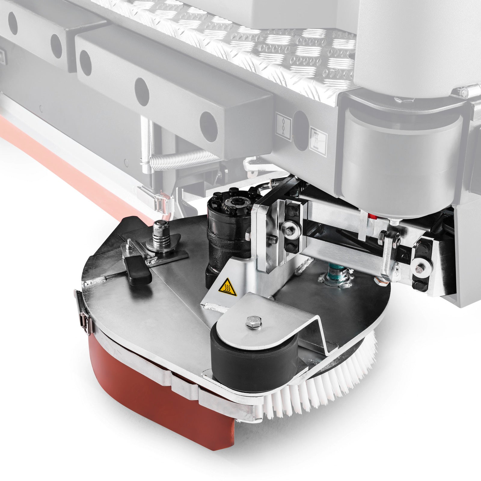 Side scrubbing deck with lifting arm rig